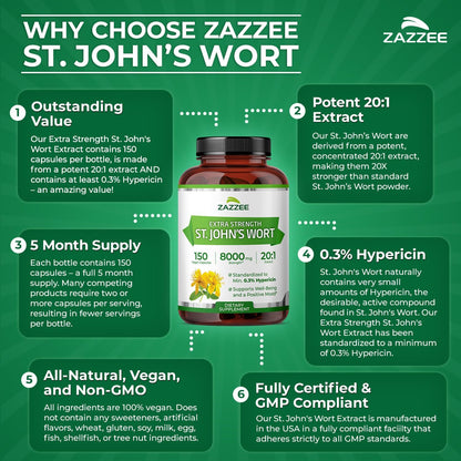 Zazzee Extra Strength St. John’s Wort 20:1 Extract, 0.3% Hypericin, Vegan | 150 Capsules, 5 Month Supply, Mood & Emotional Wellness Support, Hypericum Perforatum, Herbal Supplement, Non-GMO Made in USA Gsupps Australia