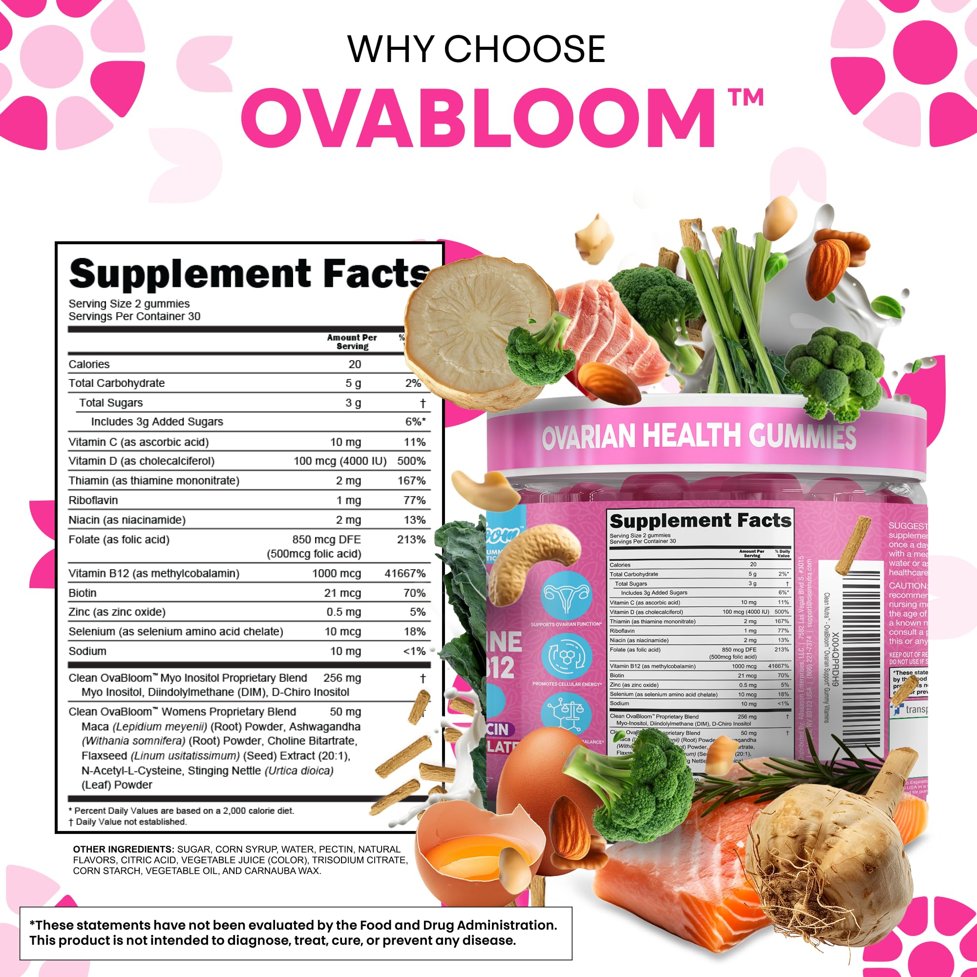 OVA Bloom Ovarian Support Gummies Myo Inositol D-Chiro Inositol Choline Flax Biotin Riboflavin Thiamin Niacin Ashwagandha DIM Maca Root Vitamin C D3 B12 Zinc 60 Count By Clean Nutra Clean Nutraceuticals buy australia supplements