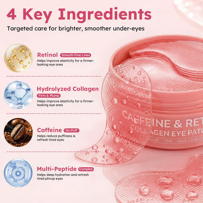 Retinol Caffeine Eye Patches, with Hydrolyzed Collagen, Peptides, 60 Pcs Ossjds