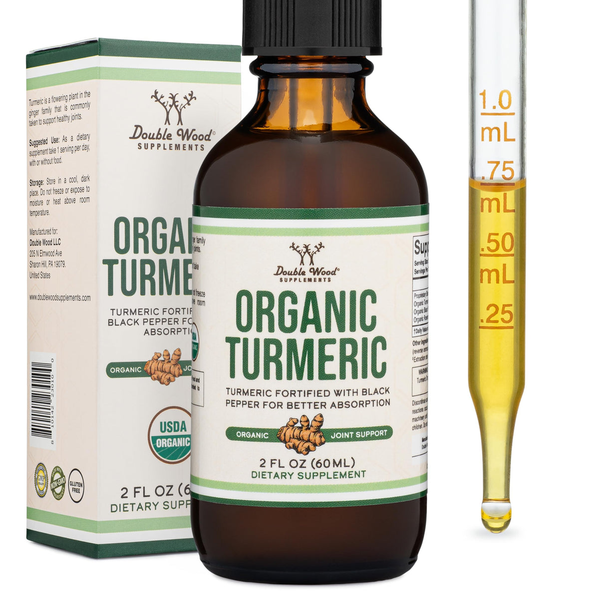 Turmeric Curcumin with Black Pepper Drops - Organic Turmeric Supplement Drops 1,180mg - 2FL OZ, 60 Servings (with Black Pepper Seed, Ginger, Rosemary, and Sage) Double Wood Supplements