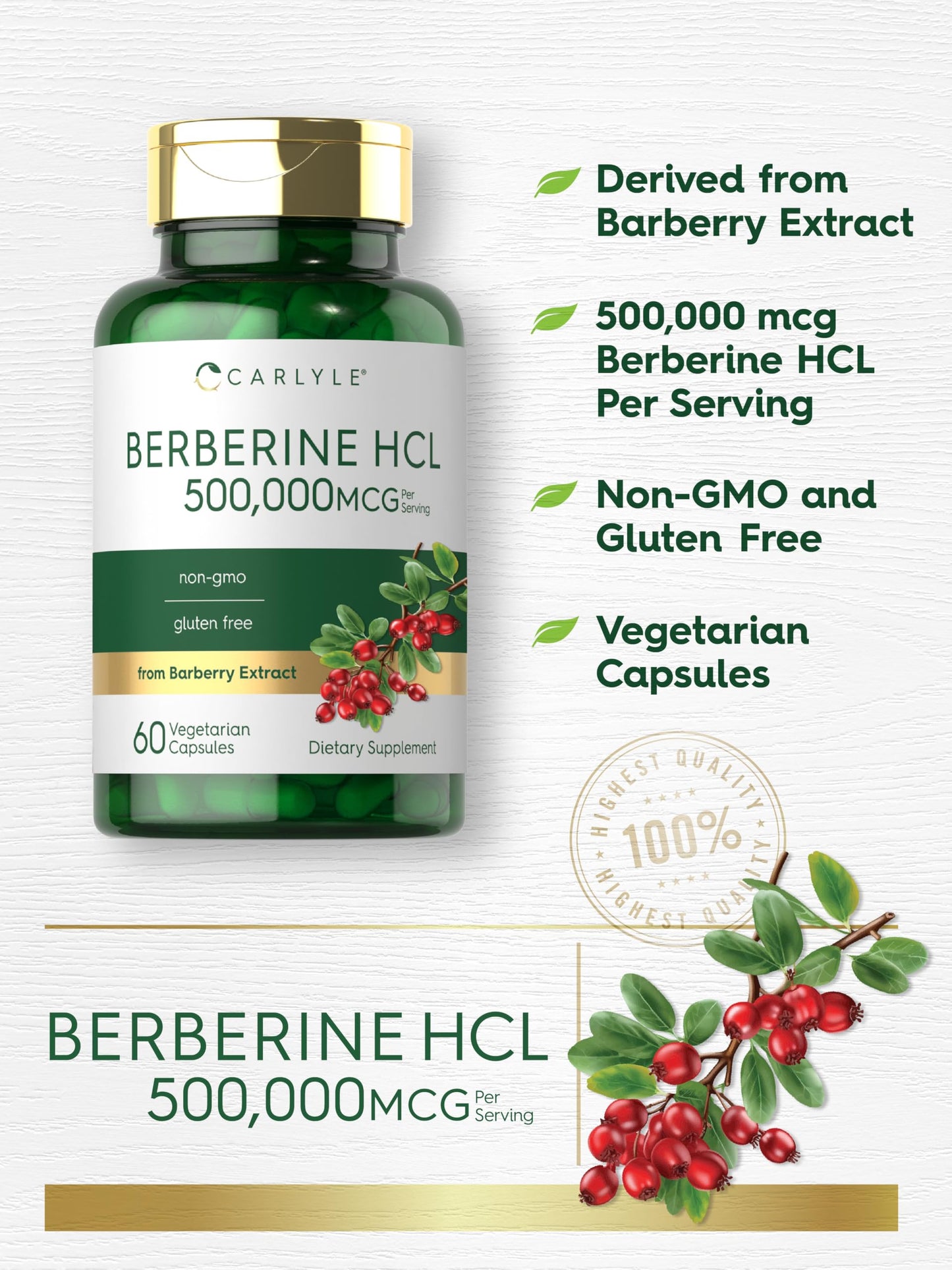 Carlyle Berberine HCL Supplement | 500,000mcg | 60 Capsules | Vegetarian, Non-GMO, Gluten Free Carlyle
