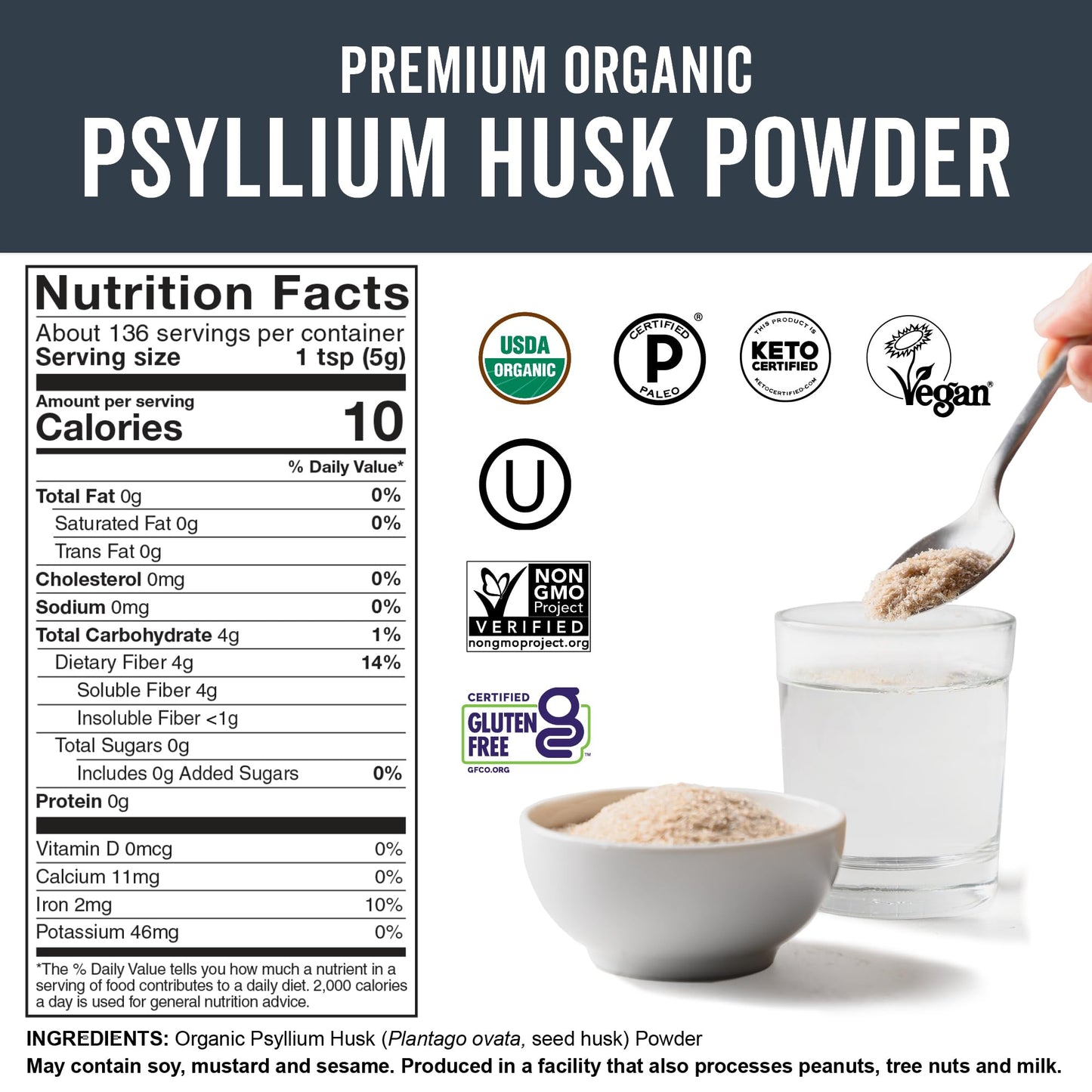 Viva Naturals Organic Psyllium Husk Powder, 24 oz – Finely Ground, Unflavored, Vegan, Keto, Paleo, Non-GMO Plant-Based Superfood, Good Source of Fiber for Gluten-Free Baking, Juices & Smoothies Viva Naturals