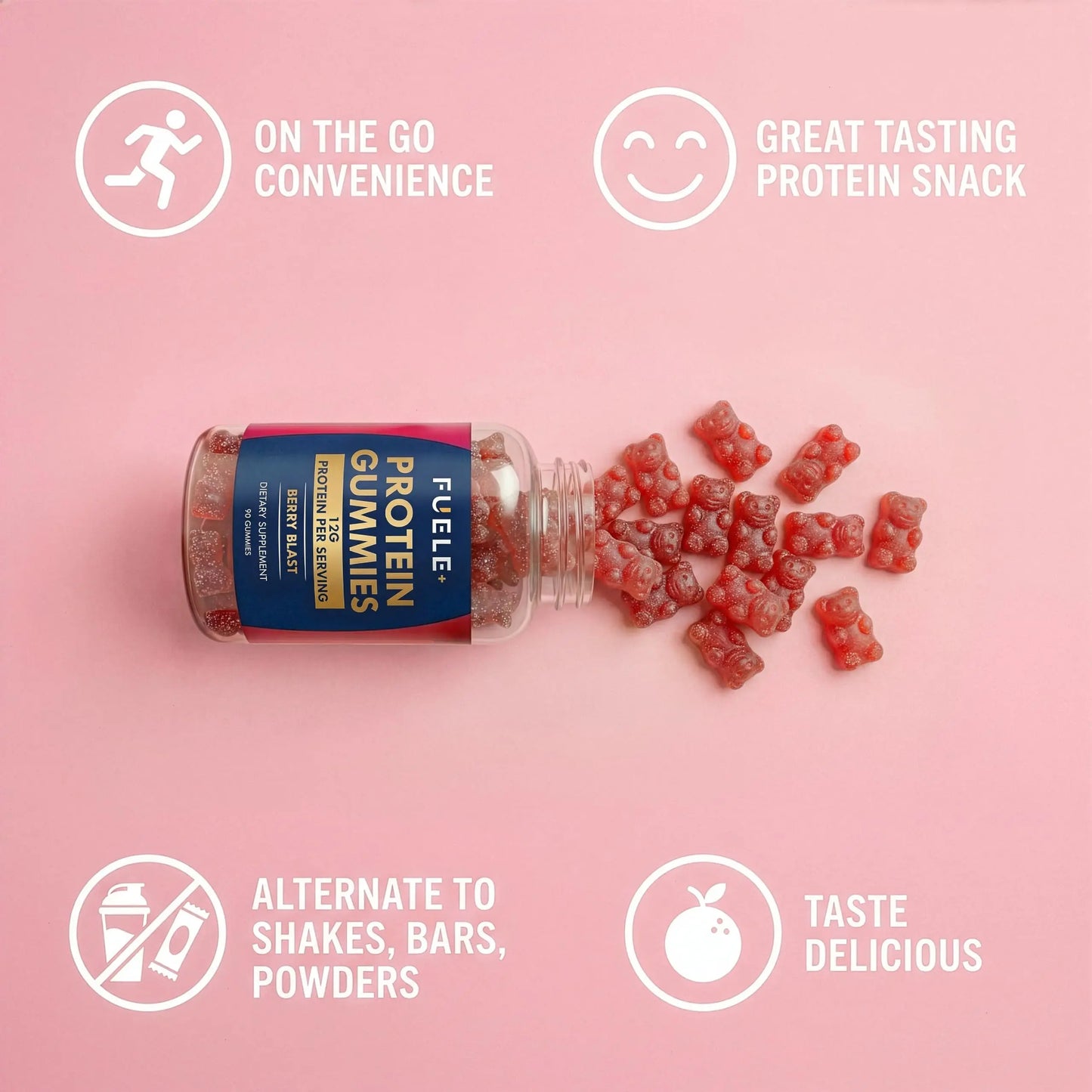 FUELE+ Protein Gummies – 12g High Protein Snack, Mixed Berry Flavor, No Added Sugar, Whey Protein Gummies, Supports Muscle Recovery, Post Workout Supplement FUELE+