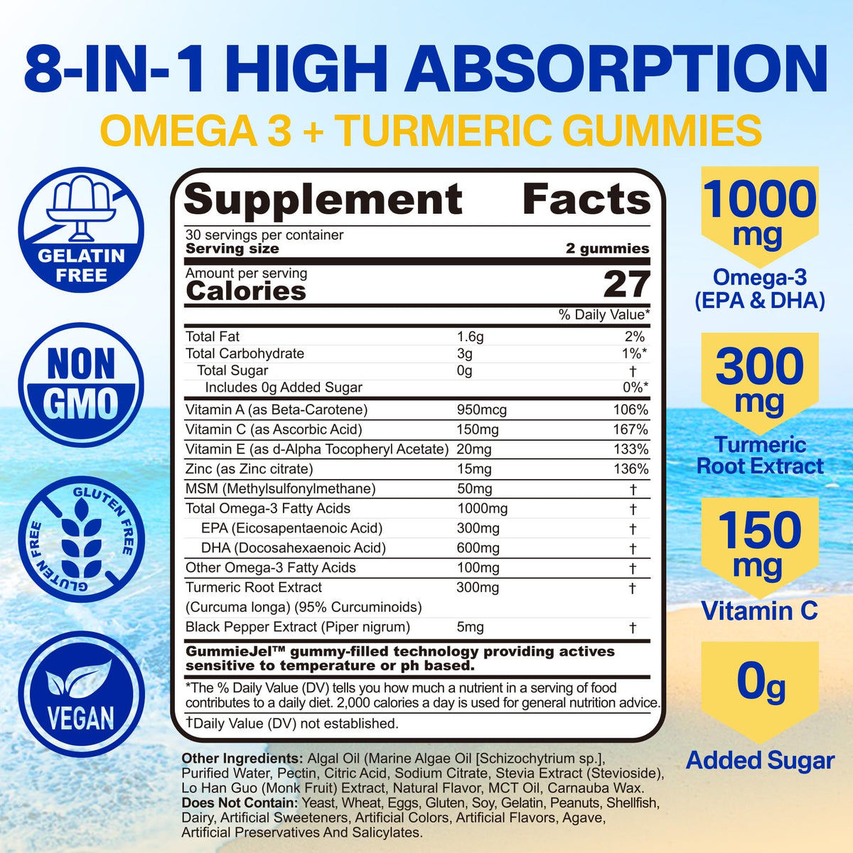 Vegan Omega-3 Gummies 1000mg + Turmeric - Omega 3 Fish Oil Alternative for Adults - Algae DHA 600mg & EPA 300mg Nextdia