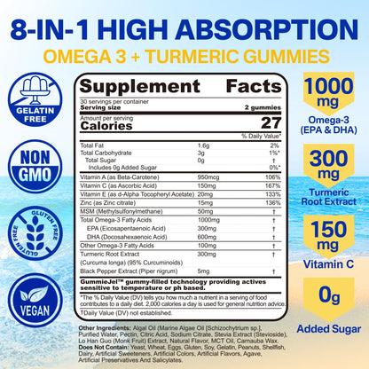 Vegan Omega-3 Gummies 1000mg + Turmeric - Omega 3 Fish Oil Alternative for Adults - Algae DHA 600mg & EPA 300mg Nextdia