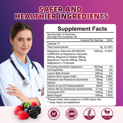 120 CT Magnesium Glycinate Gummies 1000 mg for Women and Men, Magnesium Malate & Taurate Supplements for Sleep, Body Support and Relaxation, Sugar Free OUTELANDE