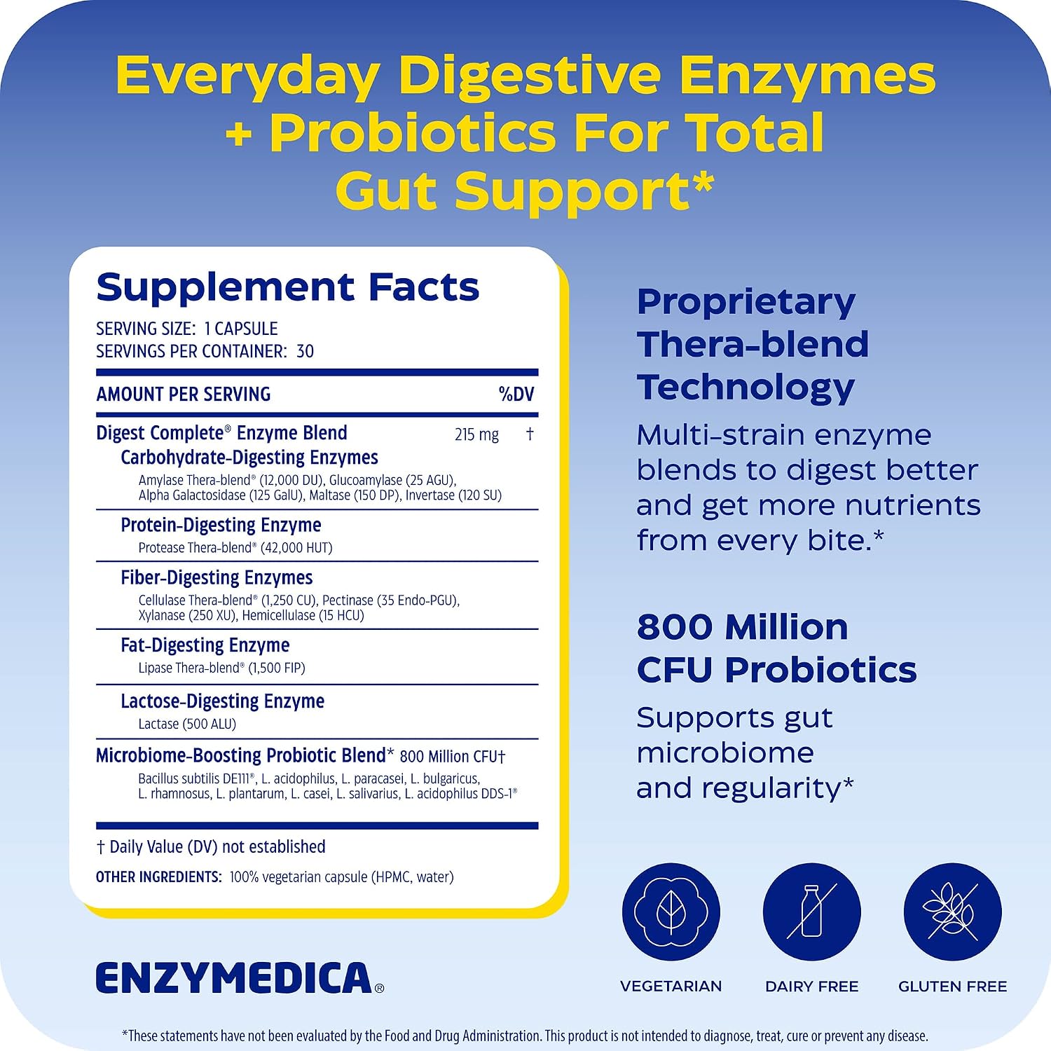 Enzymedica Digest Complete + Probiotics - Digestive Enzyme Supplement for Women & Men, Enzyme and Probiotic Capsules for Digestion, Gut Health Support, Helps Gas & Bloating, Vegetarian - 90 Caps Gsupps Australia