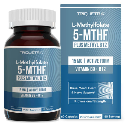 L Methyl Folate 15mg Plus Methyl B12 Cofactor – High Potency, Active 5-MTHF Form - Supports Mood, Methylation, Cognition Triquetra Health