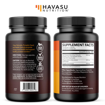 Saw Palmetto Supplement with Stinging Nettle and Pumpkin Seed Extract - Advanced 3X Formula - DHT Blocker Urinary Health and Prostate Support for Mens Health HAVASU NUTRITION