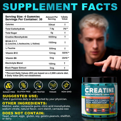 99.99% Creatine Monohydrate Gummies for Men Women 5g, 7-in-1 Pre-Workout Complex with BCAA, Taurine, B12/6 & Electrolytes, 6X Boost Energy, Muscle Strength & Recovery OVICT