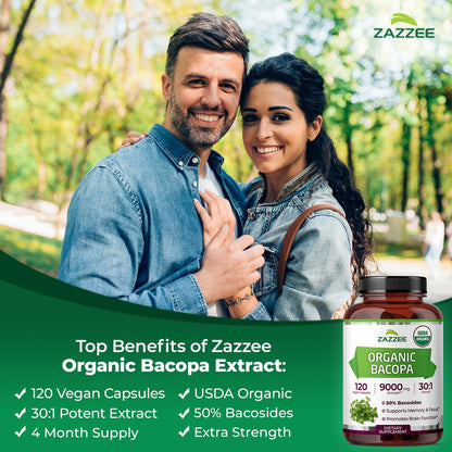 Zazzee USDA Organic Bacopa 30:1 Extract, 50% Bacosides, 120 Vegan Capsules | 4 Month Supply, Bacopa Monnieri, Cognitive, Brain & Memory Support, Non-GMO, Organic Herbal Supplement, Made in the USA Gsupps Australia