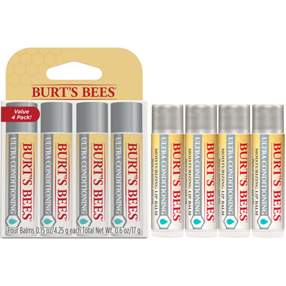 Burt's Bees Lip Balm, Moisturizing Lip Care, 100% Natural Origin, Ultra Conditioning with Shea, Cocoa & Kokum Butter (4 Pack) Burt's Bees