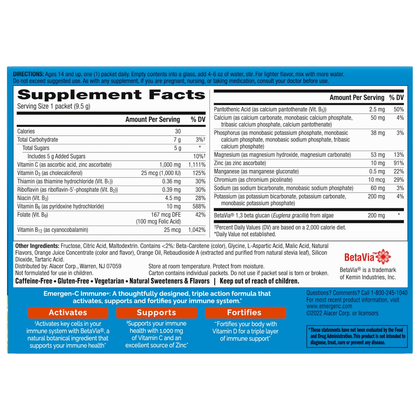 Emergen-C Immune+ Triple Action Immune Support Powder, BetaVia (R), 1000mg Vitamin C, B Vitamins, Vitamin D and Antioxidants Emergen-C