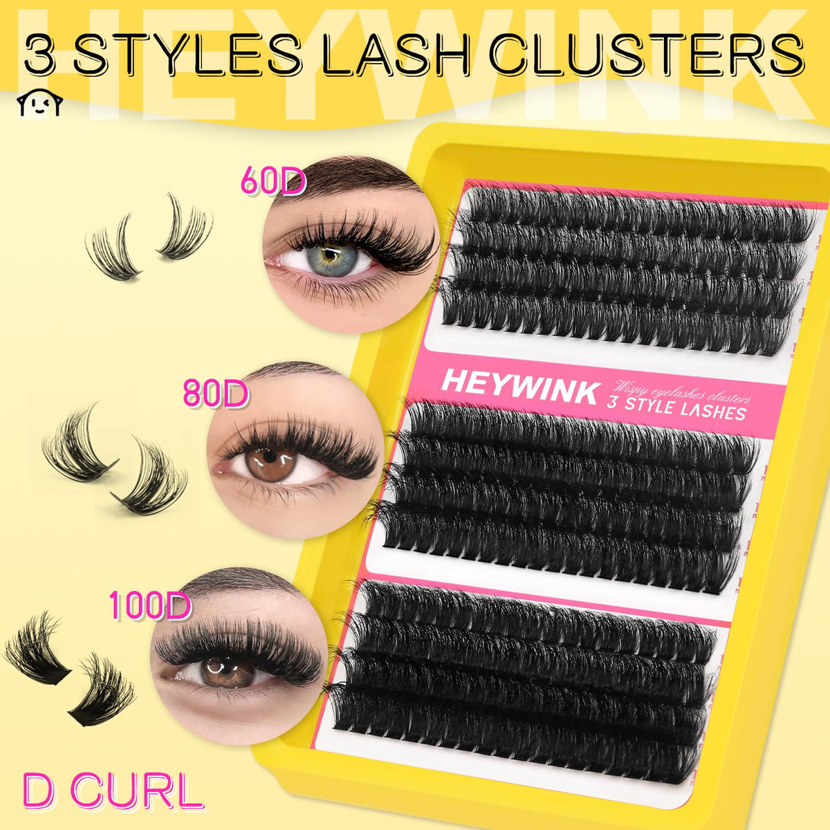 HEYWINK Lash Clusters Kit 60D 80D 100D Thick Cluster Eyelash Extensions 12-18mm Lash Clusters Individual Lash Extensions DIY Clusters Lashes Extension at Home (60D+80D+100D 12-18MM Kit) HEYWINK