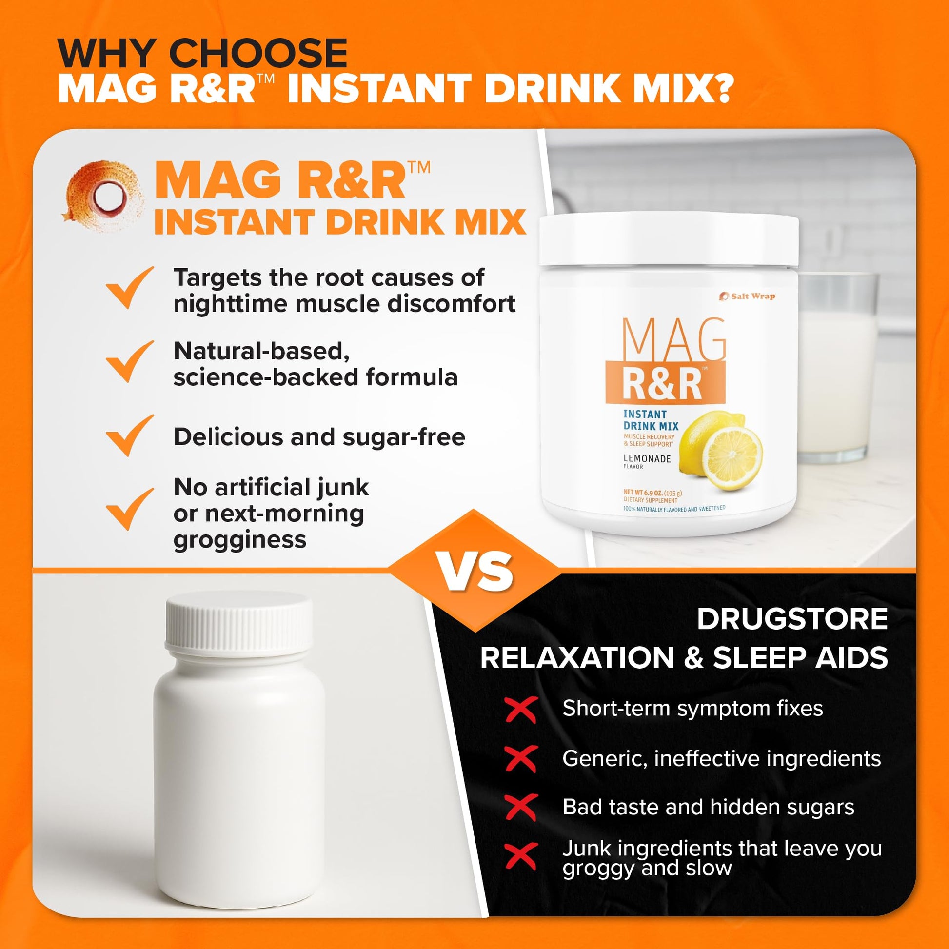 SaltWrap Mag R&R Instant Drink Mix - Sugar-Free Nighttime Magnesium Glycinate Powder with Stevia & FiberSMART® - Muscle Cramp & Leg Cramps Relief, Sleep & Relaxation Support - 30 Servings SaltWrap buy australia supplements