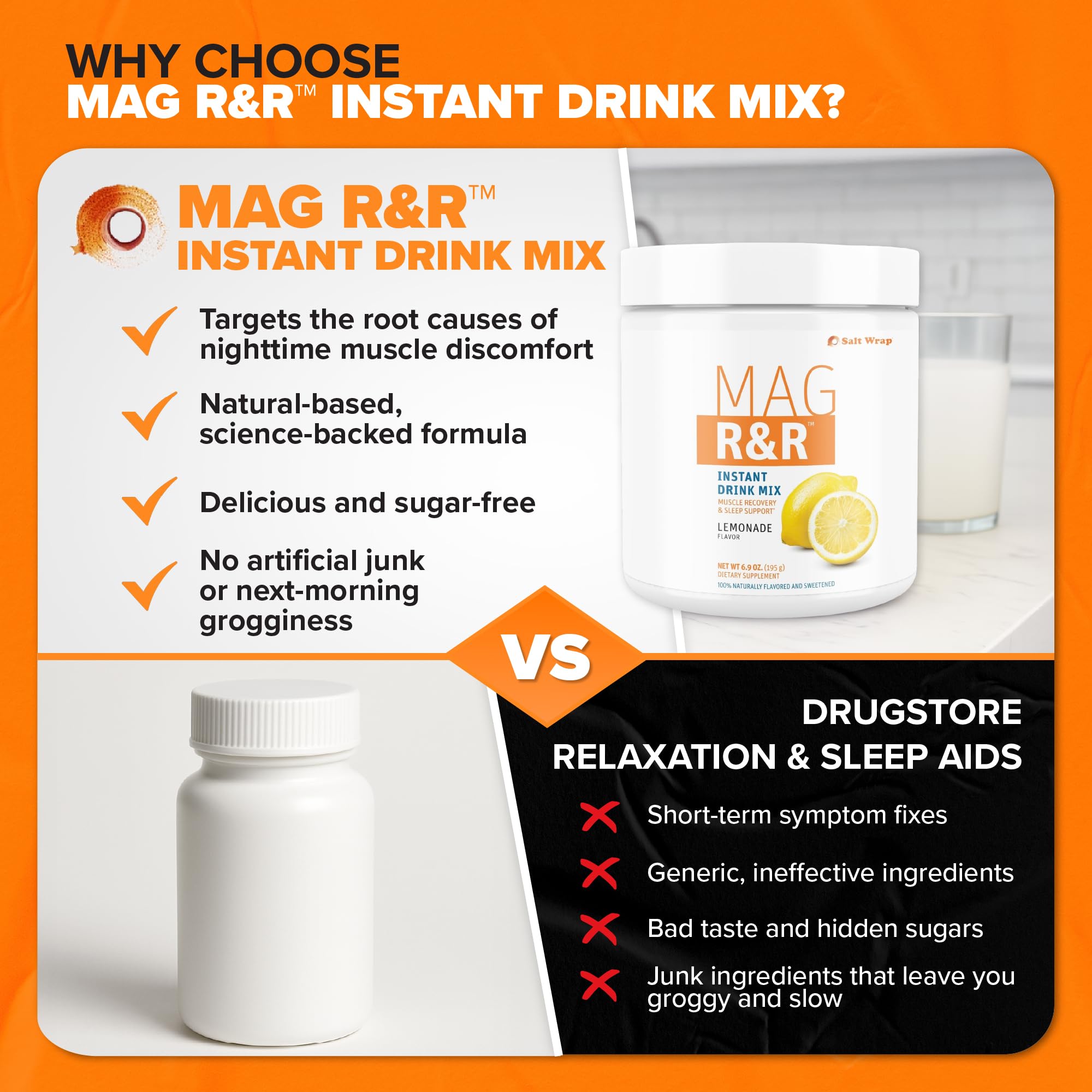 SaltWrap Mag R&R Instant Drink Mix - Sugar-Free Nighttime Magnesium Glycinate Powder with Stevia & FiberSMART® - Muscle Cramp & Leg Cramps Relief, Sleep & Relaxation Support - 30 Servings SaltWrap buy australia supplements