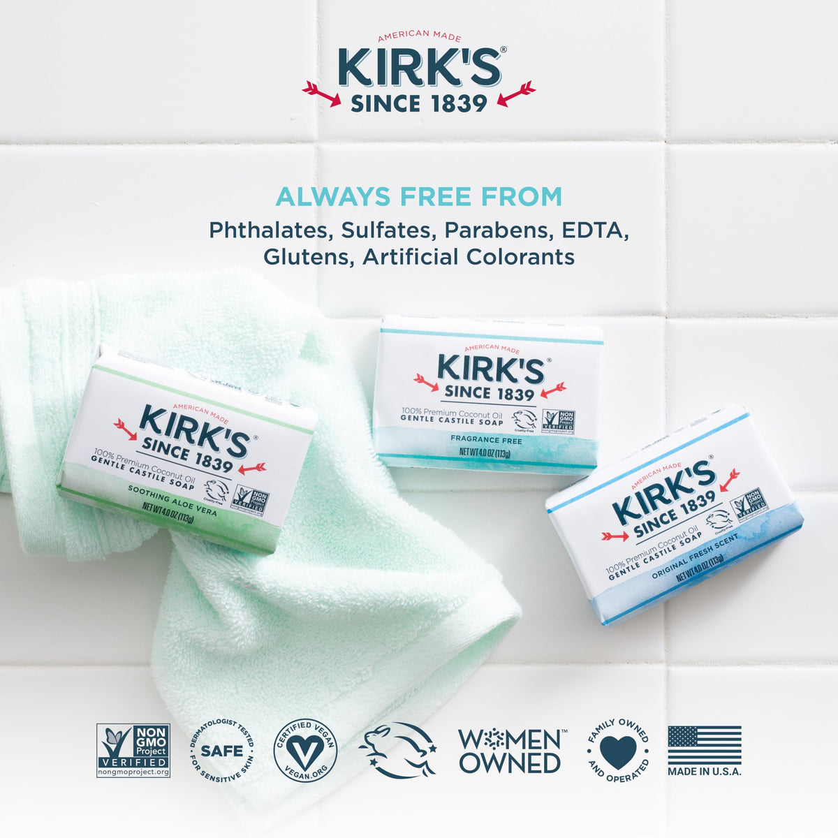 Kirk's Fragrance Free Castile Bar Soap (Pack of 3) Kirk's