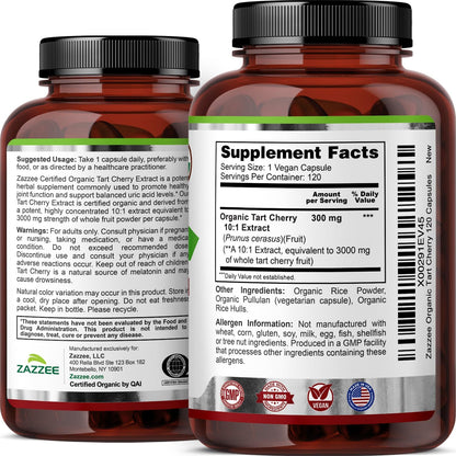 Zazzee USDA Organic Tart Cherry 10:1 Extract, 120 Capsules, 4 Month Supply | Vegan, Montmorency Cherry, Daily Wellness Antioxidant Support, Organic Herbal Supplement, All-Natural, Non-GMO, Made in USA Gsupps Australia
