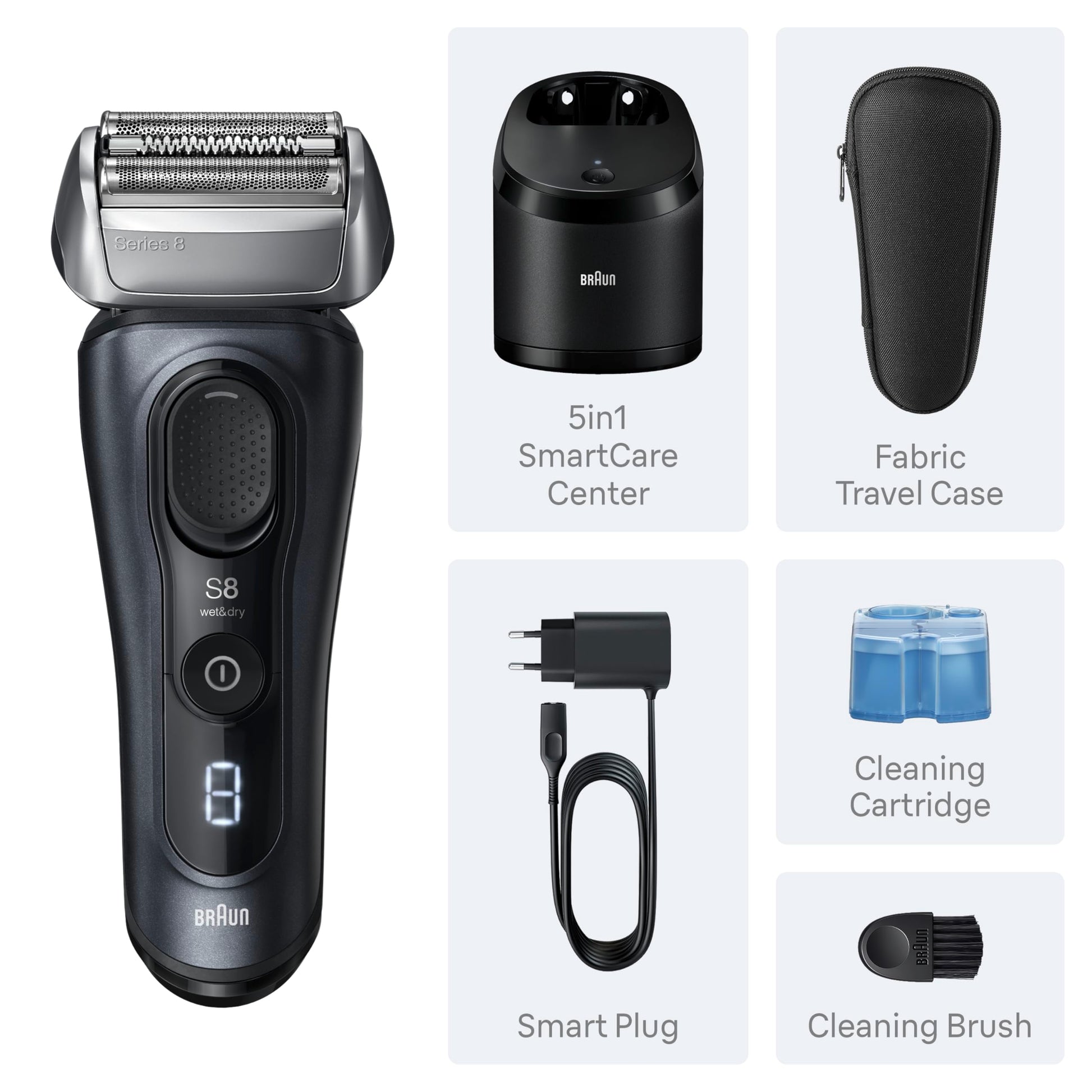 Braun Series 8 Electric Razor for Men, with 4+1 Shaving Elements & Precision Long Hair Trimmer, Close & Gentle Even on Dense Beards, Wet & Dry Electric Razor with 60min Runtime, 8517s Galvano Silver Gsupps Australia