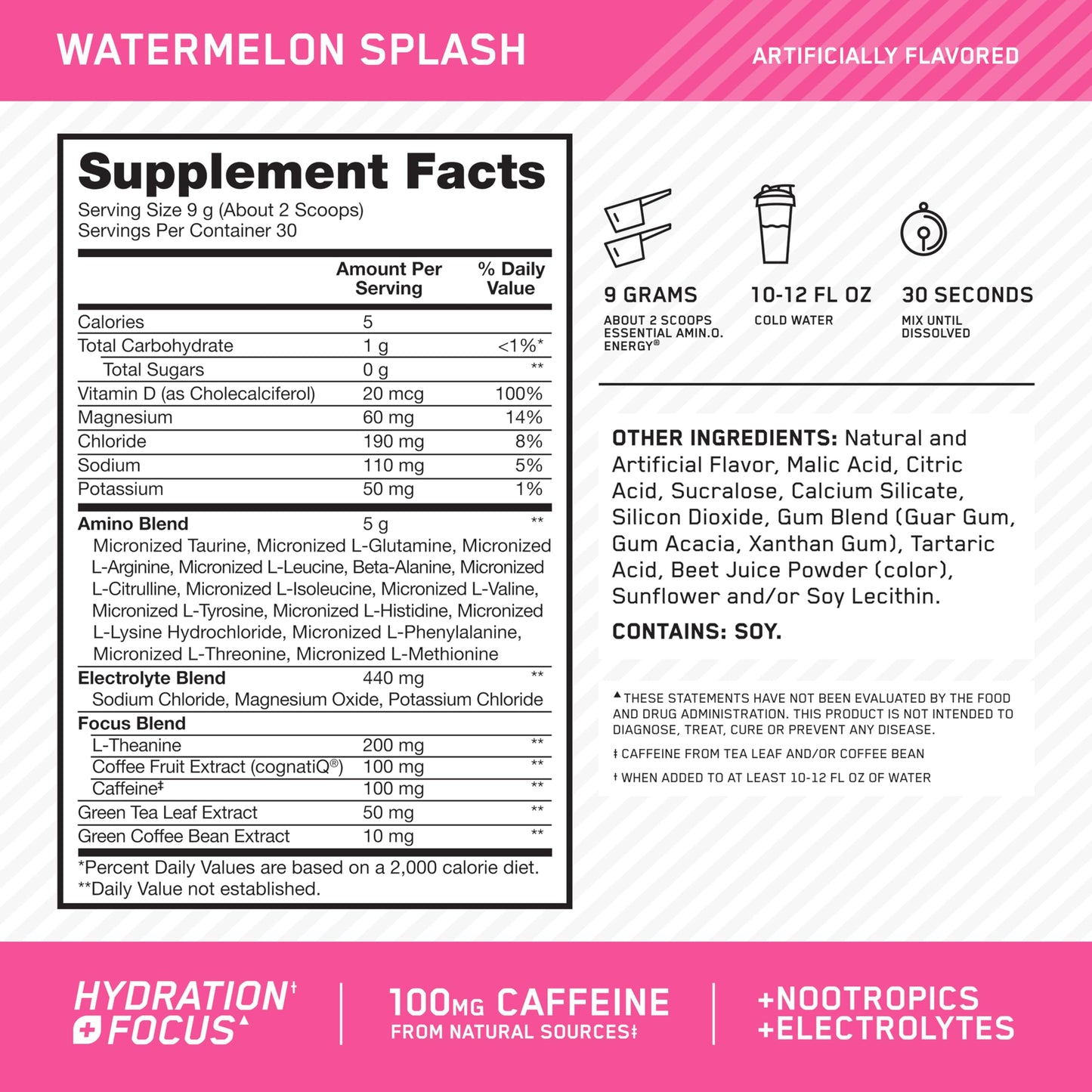 Optimum Nutrition Amino Energy Powder Plus Focus, with BCAA, Electrolytes, and Caffeine, Watermelon, 30 Servings (Packaging May Vary) Optimum Nutrition