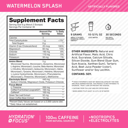 Optimum Nutrition Amino Energy Powder Plus Focus, with BCAA, Electrolytes, and Caffeine, Watermelon, 30 Servings (Packaging May Vary) Optimum Nutrition