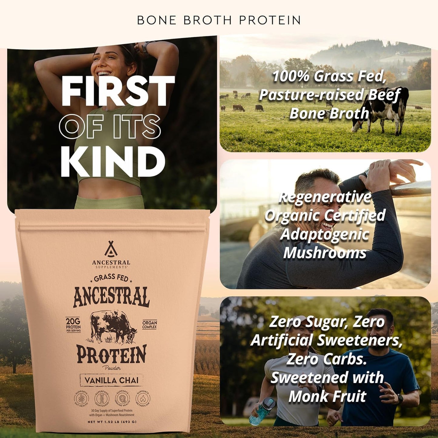 Ancestral Supplements Grass Fed Protein Powder, Chocolate, Beef Bone Broth Based w/Beef Organs & Organic Mushrooms, Gut Health Support, High Protein Supplement, 20g Protein Per Serving, 30 Day Supply