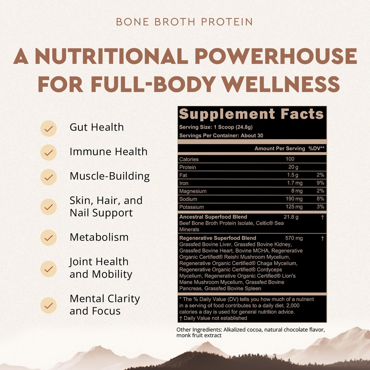 Ancestral Supplements Grass Fed Protein Powder, Chocolate, Beef Bone Broth Based w/Beef Organs & Organic Mushrooms, Gut Health Support, High Protein Supplement, 20g Protein Per Serving, 30 Day Supply