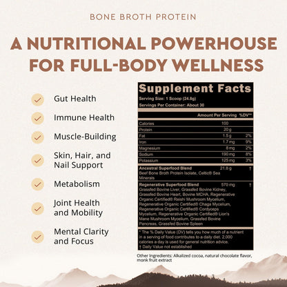 Ancestral Supplements Grass Fed Protein Powder, Chocolate, Beef Bone Broth Based w/Beef Organs & Organic Mushrooms, Gut Health Support, High Protein Supplement, 20g Protein Per Serving, 30 Day Supply