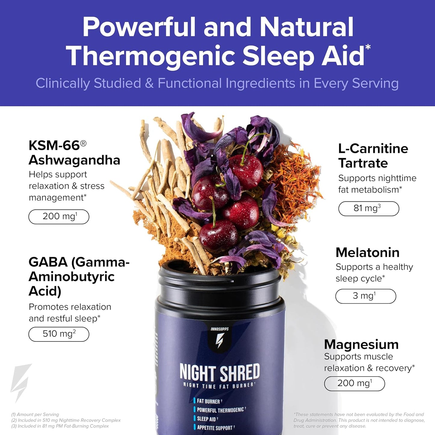 InnoSupps Night Shred Fat Burner and Natural Sleep Support | Ashwaganda, 5-HTP, CLA, Melatonin | Appetite Suppressant | Weight Loss Support Nighttime Fat Burning (180 Vegetarian Capsules)