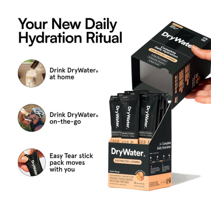 DryWater Electrolyte Powder Packets, Peach Mango - Hydration Packets Drink Mix with Zero Added Sugar for Rehydration & Energy - 6 Key Electrolytes DryWater