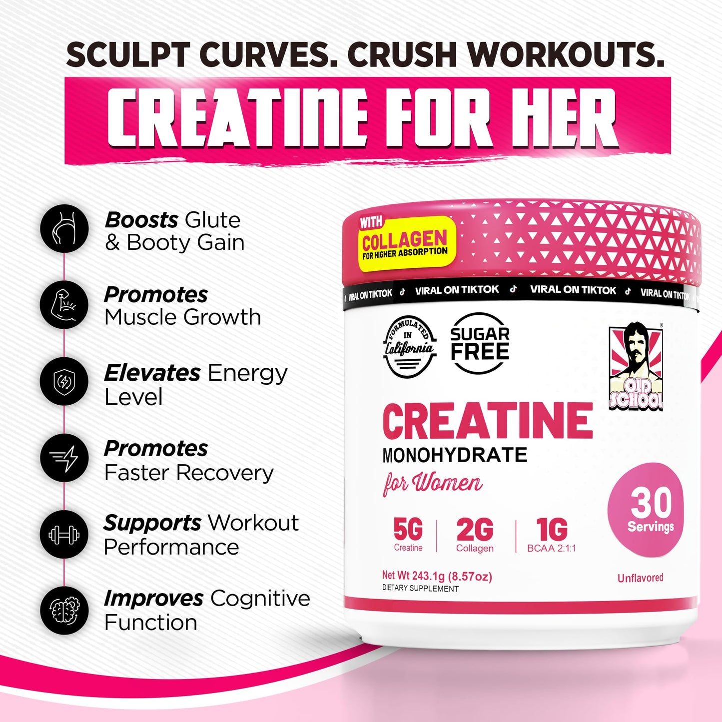 Old School Labs Creatine for Women – Post-Workout Supplement with 5000mg Creatine Monohydrate Powder, 2000mg Collagen & BCAA 2:1:1 for Strength Support & Recovery Old School Labs
