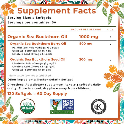 SeabuckWonders Organic Sea Buckthorn Oil Omega-7 Complete,120 Softgels, 60 Day Supply, with Omega 3, 6 & 9, Supports Hair SEABUCKWONDERS