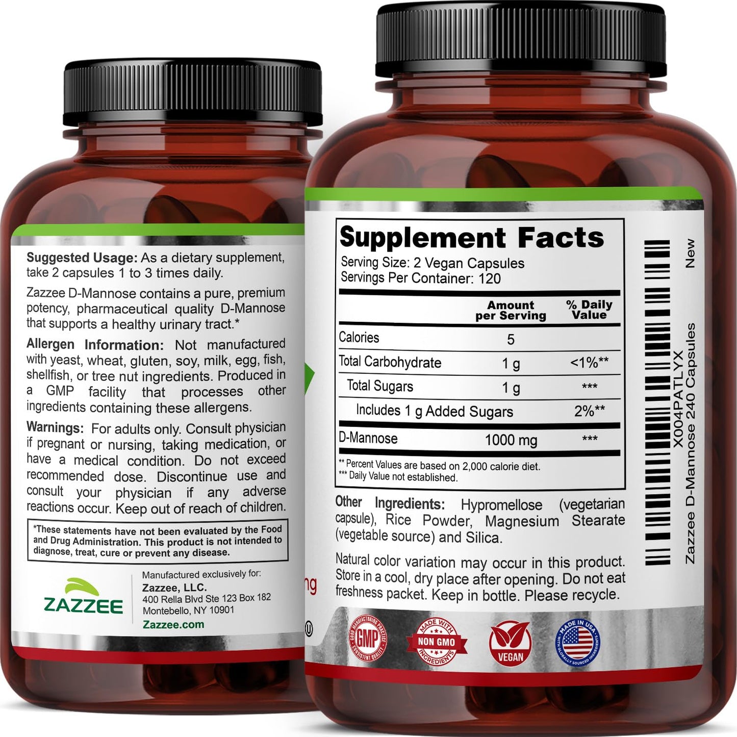 Zazzee D-Mannose, 1000 mg per Serving, 180 Vegan Capsules, 3 Month Supply | Potent & Fast-Acting, Certified Kosher, 100% Pure, All-Natural Urinary Tract Health Support, 100% Vegetarian, Non-GMO Gsupps Australia