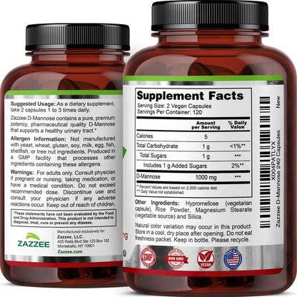 Zazzee D-Mannose, 1000 mg per Serving, 180 Vegan Capsules, 3 Month Supply | Potent & Fast-Acting, Certified Kosher, 100% Pure, All-Natural Urinary Tract Health Support, 100% Vegetarian, Non-GMO Gsupps Australia