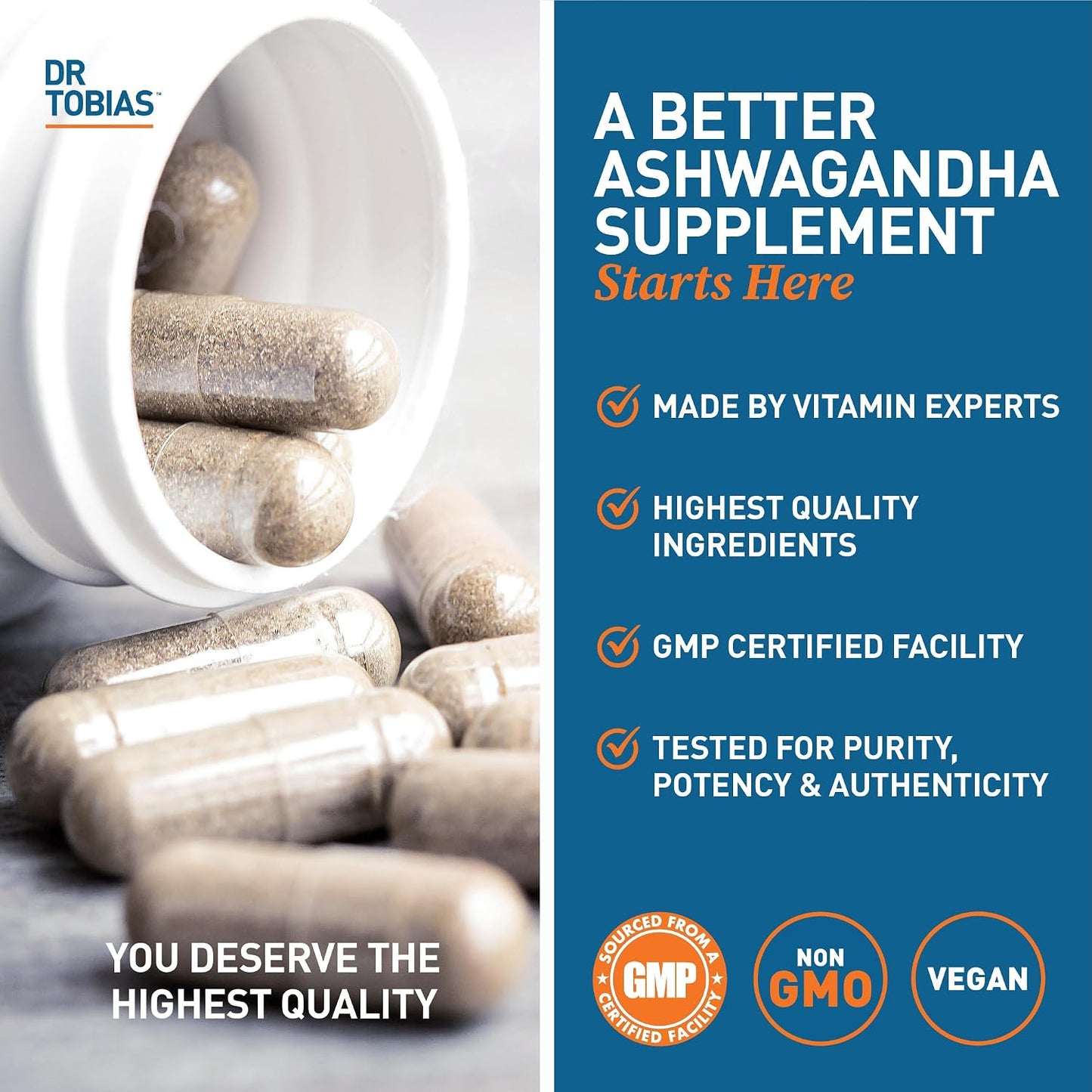 Dr. Tobias Ashwagandha Capsules - 1300mg Organic Ashwagandha Root Extract Per Serving with Black Pepper | Calming Adaptogen Energy & Focus Supplement (60 Vegetarian Capsules)