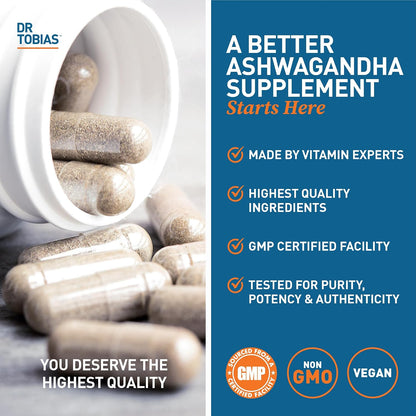Dr. Tobias Ashwagandha Capsules - 1300mg Organic Ashwagandha Root Extract Per Serving with Black Pepper | Calming Adaptogen Energy & Focus Supplement (60 Vegetarian Capsules)