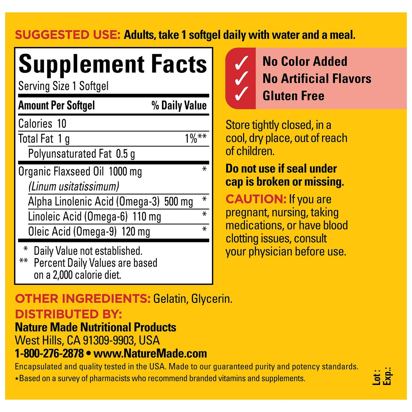 Nature Made Flaxseed Oil 1000 mg, Fish Free Omega 3 Supplement, Dietary Supplement for Heart Health Support, 100 Softgels, 100 Day Supply Nature Made