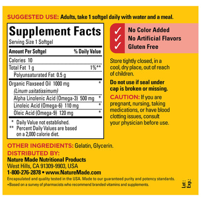 Nature Made Flaxseed Oil 1000 mg, Fish Free Omega 3 Supplement, Dietary Supplement for Heart Health Support, 100 Softgels, 100 Day Supply Nature Made