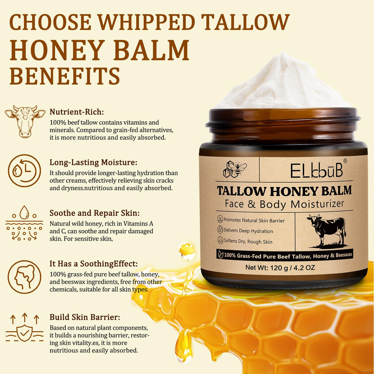 ELBBUB Whipped Tallow Cream for Face & Body - 100% Grass-Fed Beef Tallow, Natural Honey & Beeswax Moisturizer, Deep Hydration & Nourishment, Oil-Free & Unscented, Fast Absorbing ELBBUB