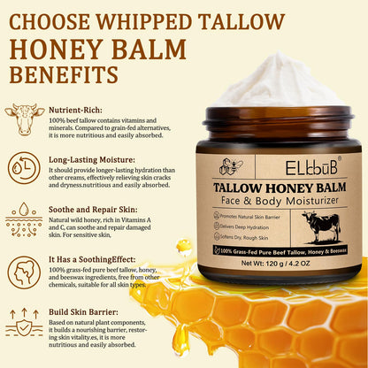 ELBBUB Whipped Tallow Cream for Face & Body - 100% Grass-Fed Beef Tallow, Natural Honey & Beeswax Moisturizer, Deep Hydration & Nourishment, Oil-Free & Unscented, Fast Absorbing ELBBUB
