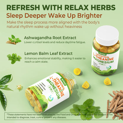 Liposomal L-Theanine 200mg Magnesium Glycinate 400mg Gummies with GABA, 5HTP, Apigenin, Vitamin B6 & D3, Ashwagandha, Lemon Balm Leaf, Melatonin Free Sleep NEVISS