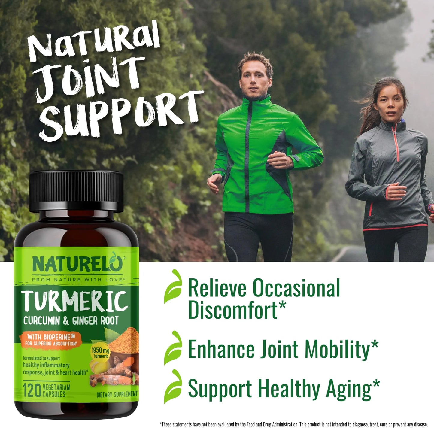 NATURELO Turmeric Curcumin - BioPerine for Better Absorption - Black Pepper, Ginger Root, Curcuminoids - Plant-Based Joint Discomfort Support NATURELO