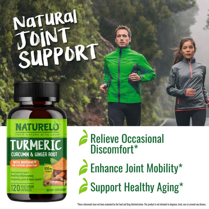 NATURELO Turmeric Curcumin - BioPerine for Better Absorption - Black Pepper, Ginger Root, Curcuminoids - Plant-Based Joint Discomfort Support NATURELO