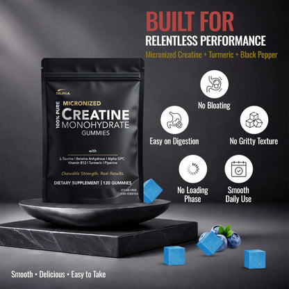 Creatine Monohydrate Gummies for Men & Women - Sugar Free & Vegan Advanced Formula W/L-Taurine + Vitamin B12 - for Muscle Strength, Muscles Builder, Recovery, DLNIA