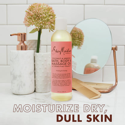 Shea Moisture Coconut & Hibiscus Massage Oil and Body Oil for Dry Skin, Bath Oil with Coconut Oil and Vitamin E Oil for Skin, 8 oz Shea Moisture