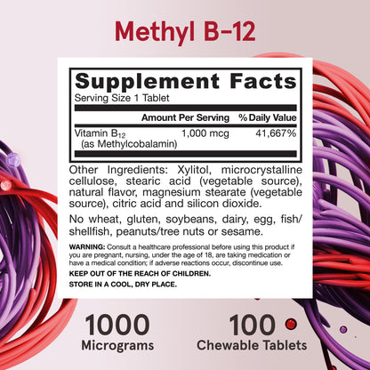Jarrow Formulas Methyl Vitamin B-12 1000 mcg, 100 Chewable Tablets, Lemon Flavored- Bioactive B12 Vitamin - Supports Cellular Energy Production Jarrow Formulas