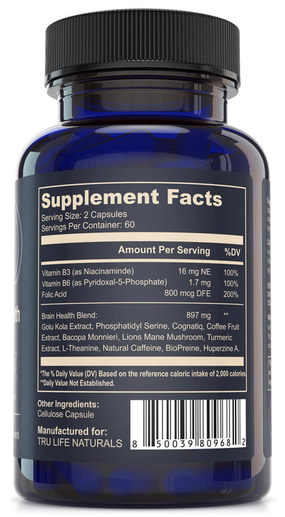 NEUROACT Brain Health Memory, Focus, Concentration, Mental Clarity with CognatiQ, Vitamin B3 & B6 | Manage Stress & Elevate Mood | Holistic Brain Health Formula, Sustained Energy & Well Being TRULIFE NATURALS