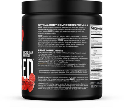 Bucked Up Racked Blood Raz | Intra Workout BCAA 2-1-1 Formula with L Carnitine Acetyl L Carnitine Taurine and L Tyrosine | Amino Acid Powder Supplement (30 Servings)