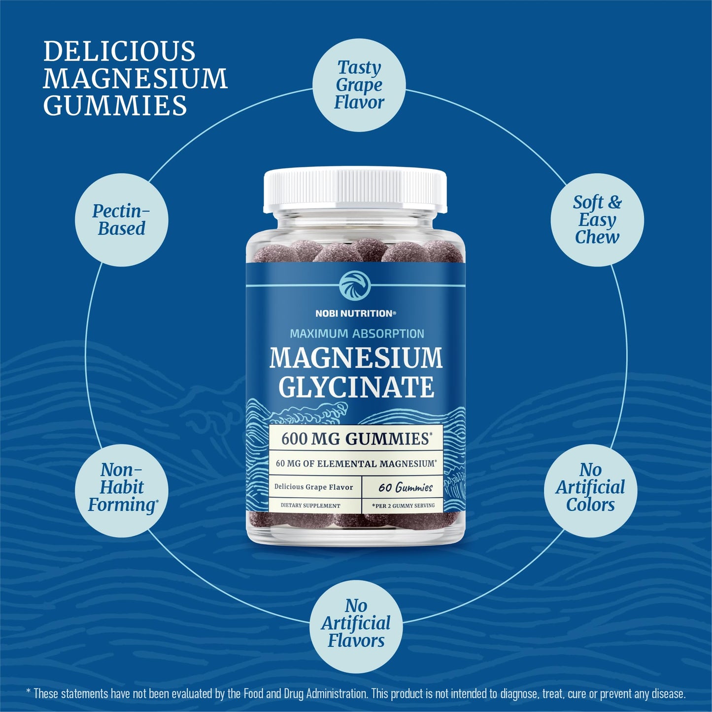 Magnesium Glycinate Gummies 600MG | Sleep, Calm & Relaxation Support | 60MG Elemental Mag Per Serving | Grape Flavor, Gluten-Free | High Absorption Magnesium Gummies for Women, Men & Family | 60 Ct Nobi Nutrition