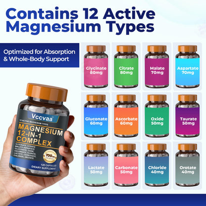 Magnesium Complex 700mg | 12-in-1 High Absorption Supplement | Glycinate, Citrate, Malate, Taurate & More | Sleep Support, Muscle Cramp Relief, Stress, Heart, Bone Vccvaa